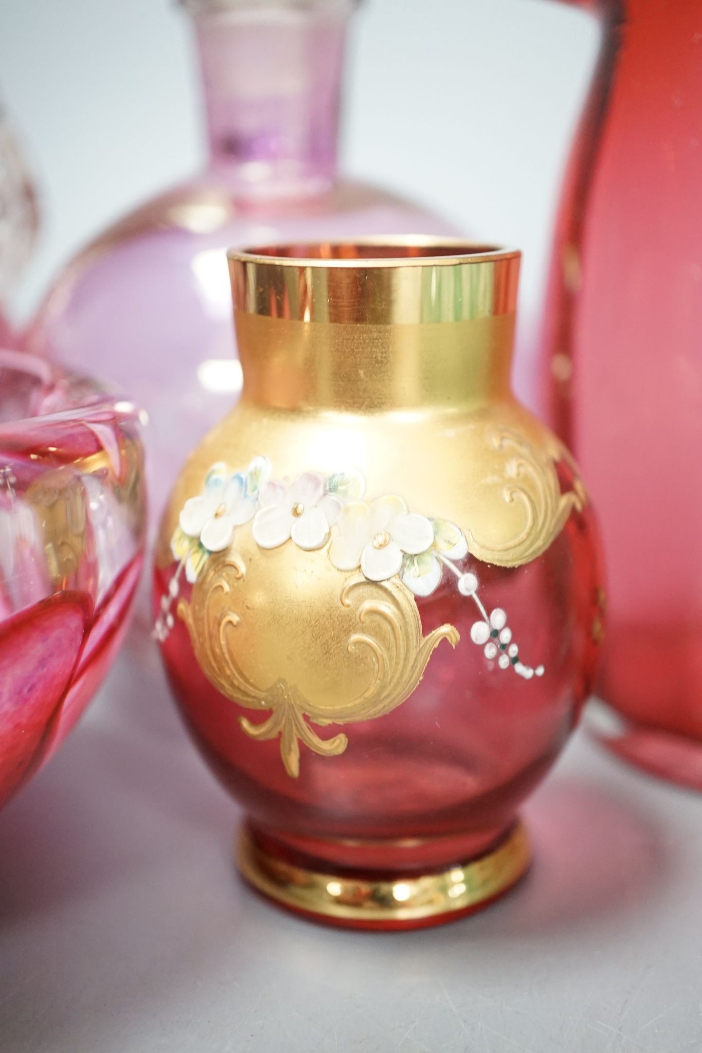 A group of small Cranberry and green glass vases, bowls etc. (12)